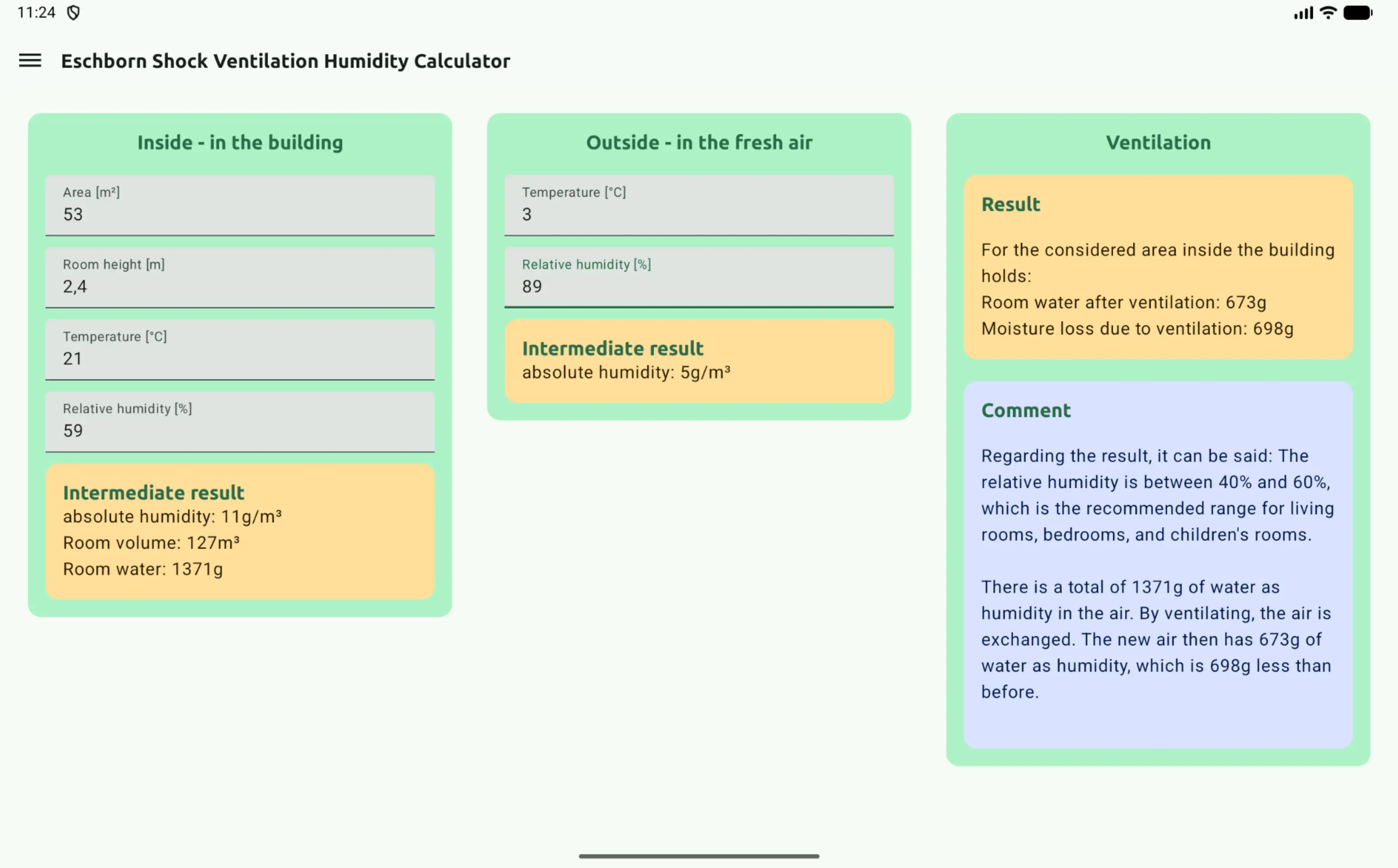 Screenshot of the Eschborn Shock Ventilation Humidity Calculator